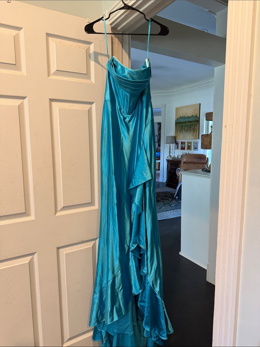 Elegant Teal Satin Maxi Skirt with Draped Ruffle Detail